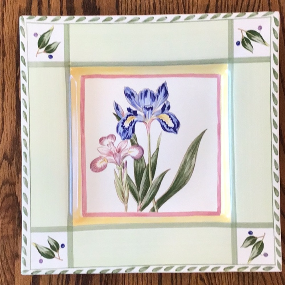 Large Ceramic Serving Platter with Iris pattern. Made in Portugal.